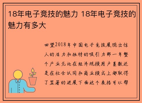 18年电子竞技的魅力 18年电子竞技的魅力有多大